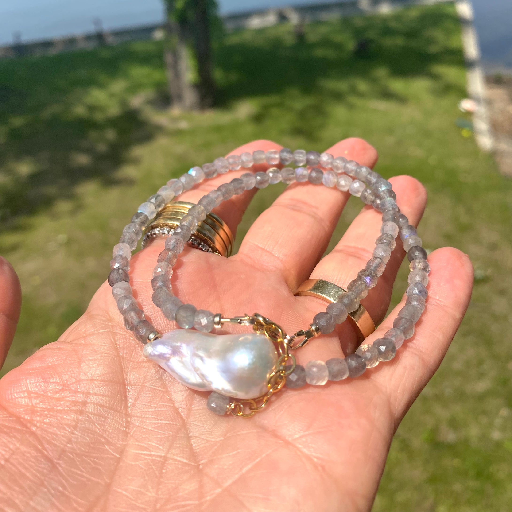 Blue Flash Labradorite Necklace & Baroque Pearl, 14k GF