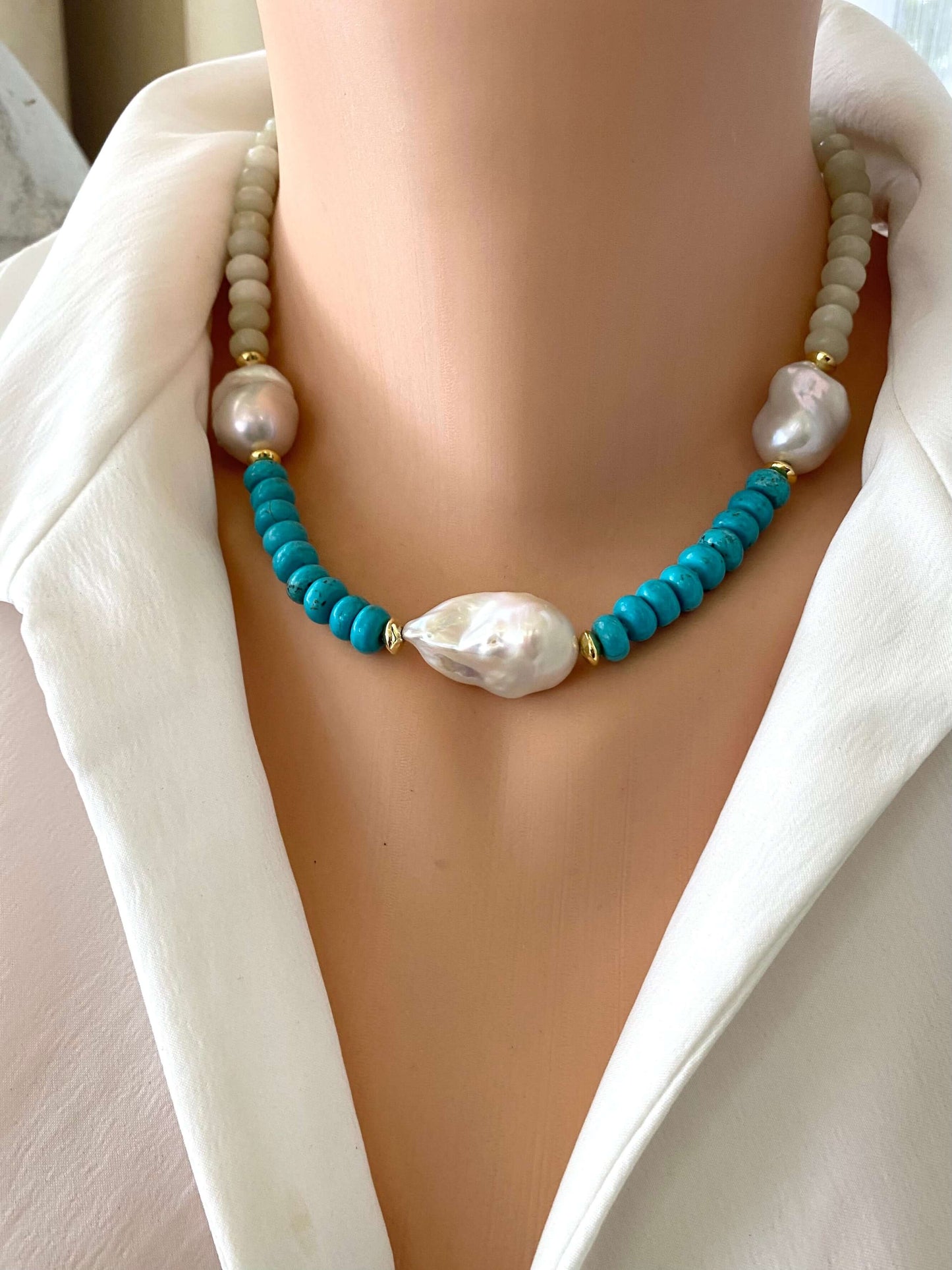 Front close-up of green jade and turquoise pearl necklace with baroque pearls