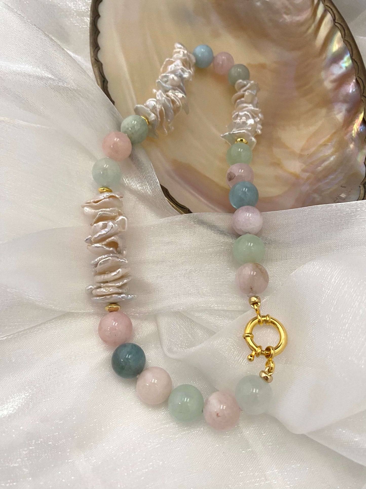 Aquamarine Morganite Necklace – displayed on white cloth with pearl shell