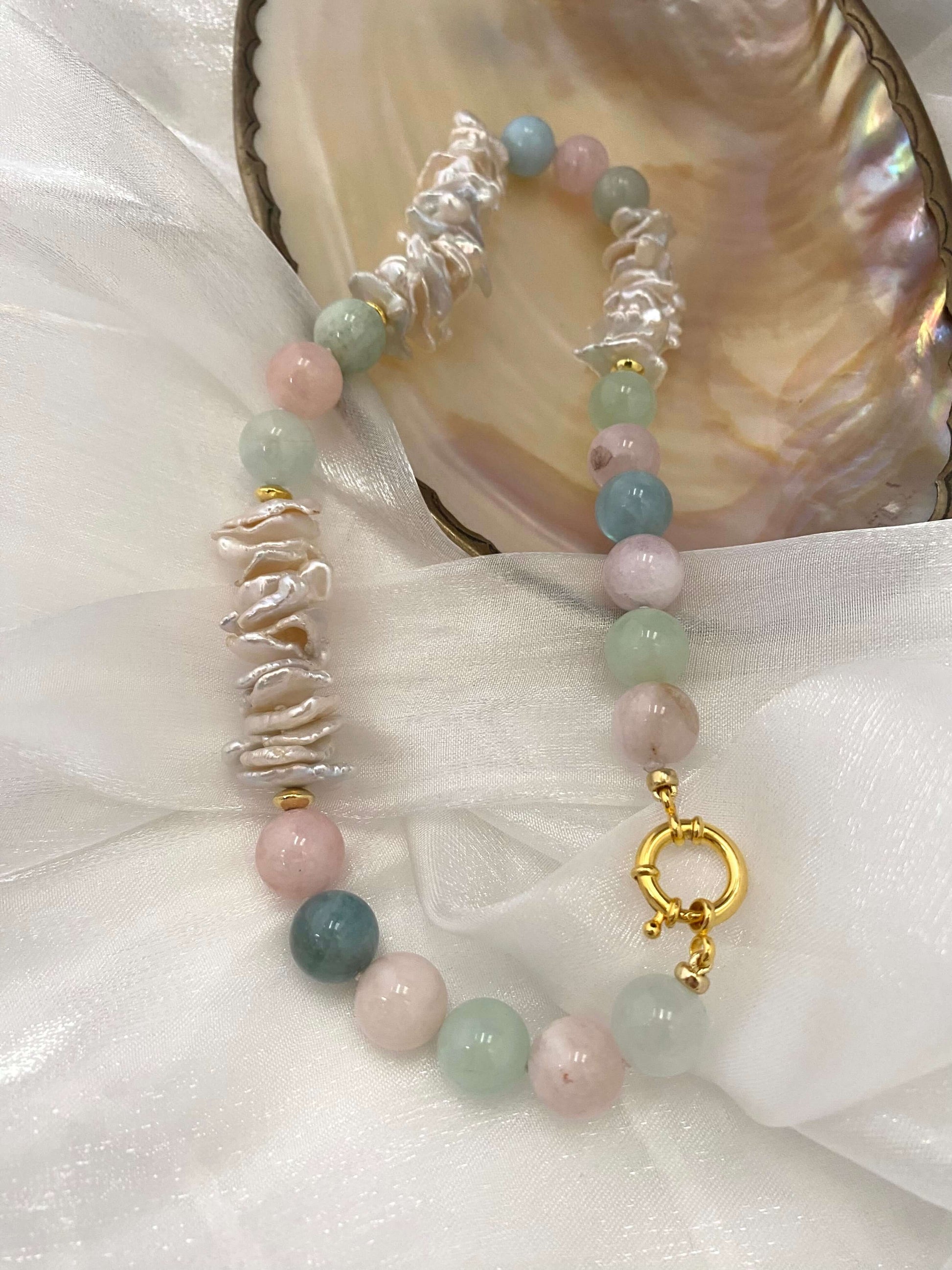 Aquamarine Morganite Necklace – displayed on white cloth with pearl shell