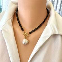 Load image into Gallery viewer, Black Tourmaline and Genuine Baroque Pearl Beaded Necklace with Honey Bees Toggle Clasp, 17&quot;inches
