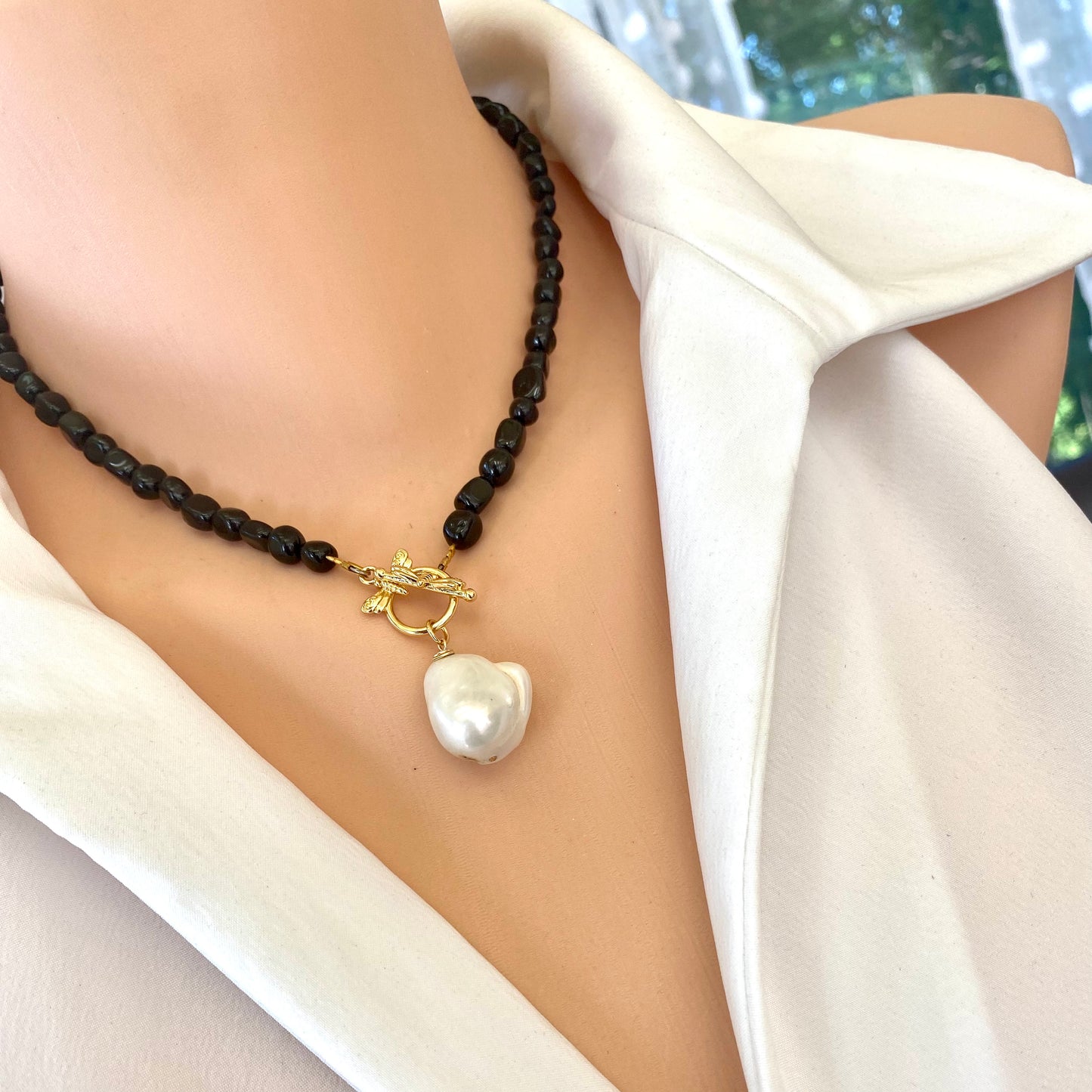 Black Tourmaline & Baroque Pearl Necklace, Honey Bees Clasp