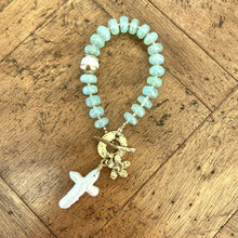 Load image into Gallery viewer, Aqua Green Chalcedony Bracelet, Freshwater Cross Pearl Pendant &amp; Daisy Charm, Artisan Gold Bronze &amp; Gold Filled Details,7&quot;in
