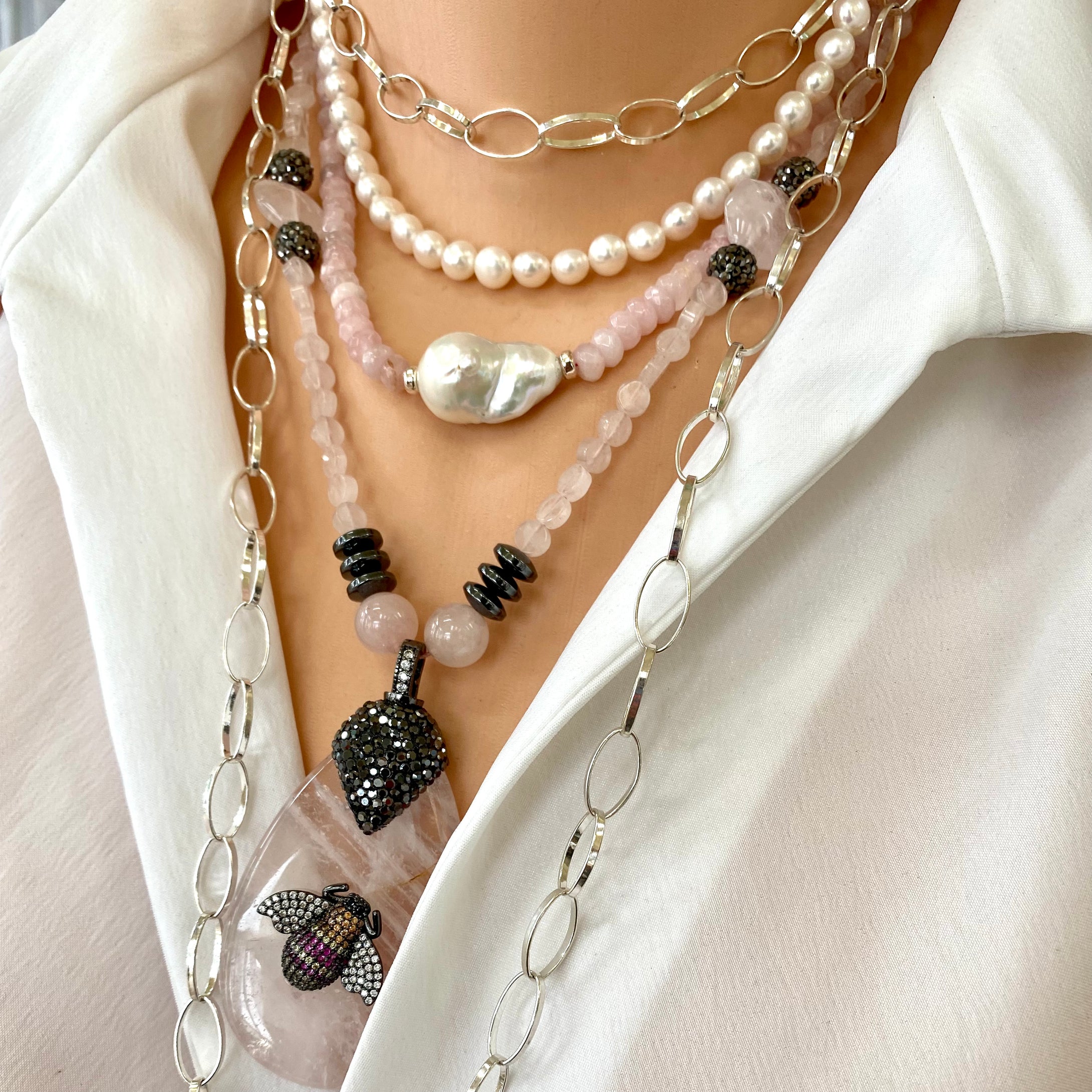Rose Quartz Necklace & Rhinestones Pave Bee Pendant