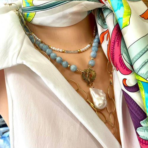 Aquamarine necklace with baroque pearl pendant