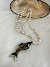 Load image into Gallery viewer, Black Cloisonné Fish Pendant Necklace, 35", Hand Knotted White Baroque Pearls, 9–11mm
