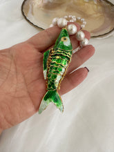 Load image into Gallery viewer, Green Cloisonné Fish Pendant Necklace, 33", Hand Knotted White Baroque Pearls, 9–11mm

