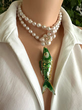 Load image into Gallery viewer, Green Cloisonné Fish Pendant Necklace, 33", Hand Knotted White Baroque Pearls, 9–11mm

