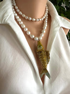White Baroque Pearl Necklace with Cloisonné Fish Pendant, 9–11mm Hand Knotted Pearls, 32