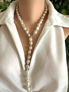 White Edison Baroque Pearl Y Necklace, 9–12mm Hand Knotted, 29