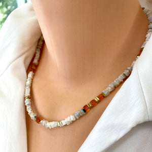 Gold plated hematite square beads with opals and carnelian short necklace