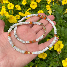 Lade das Bild in den Galerie-Viewer, white opals with orange carnelian and gold hematite necklace
