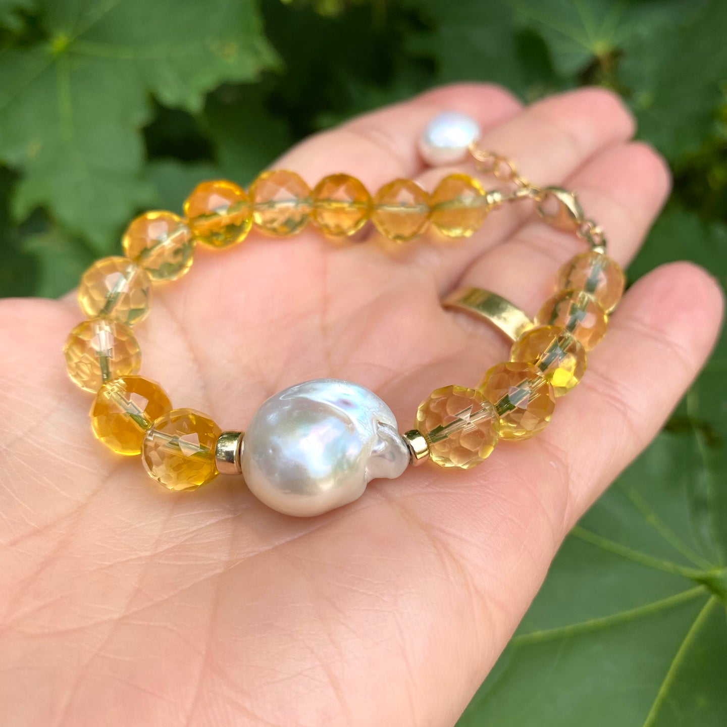 Citrine and Baroque Pearl Bracelet, 14k Gold Filled, November Birthstone , 7