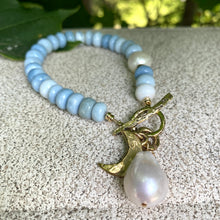 Load image into Gallery viewer, Blue Opal Toggle Bracelet with Freshwater Baroque Pearls &amp; Moon Charm, Gold Filled and Gold Bronze, 8&quot;

