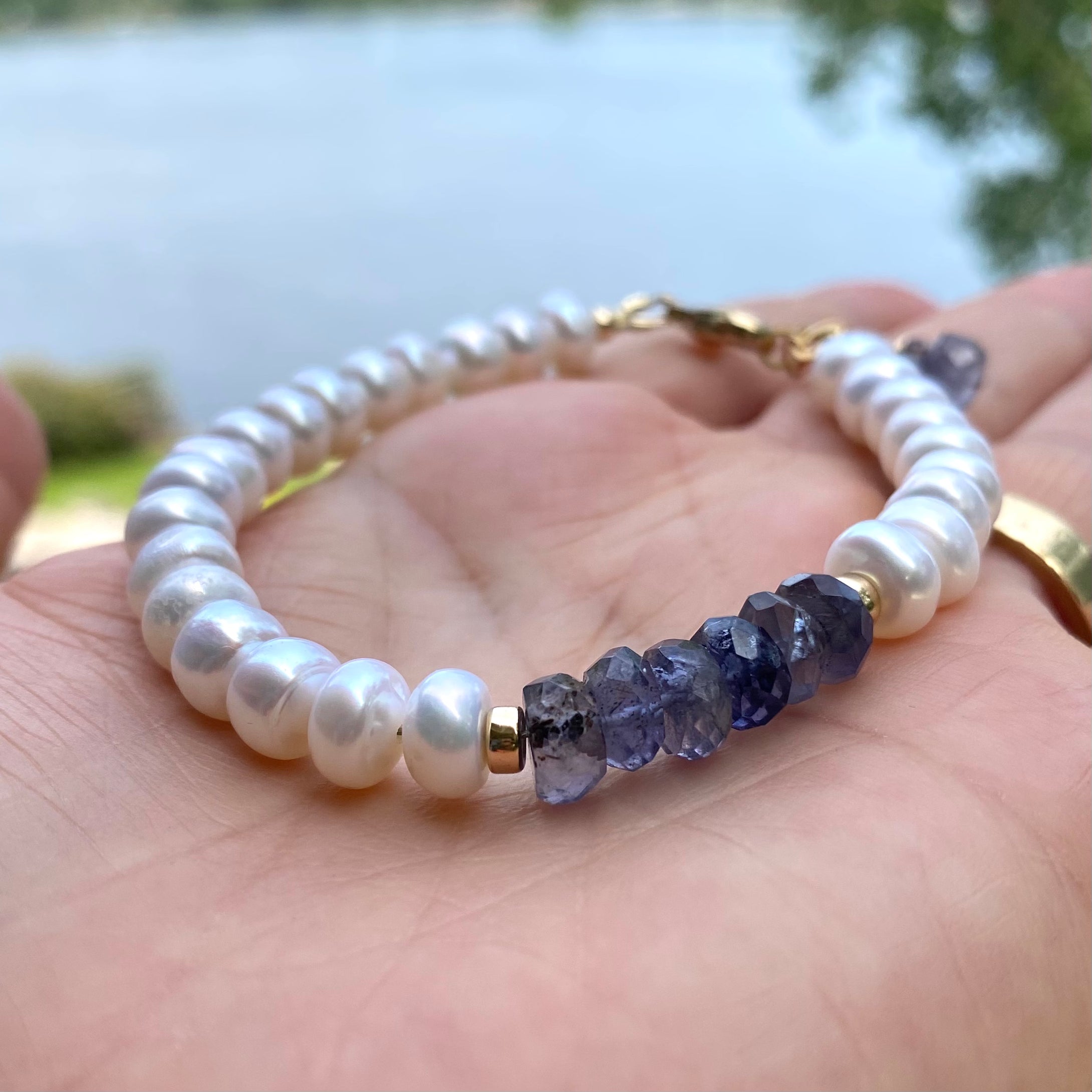 Blue Iolite & White Button Pearl Bracelet, 14K GF