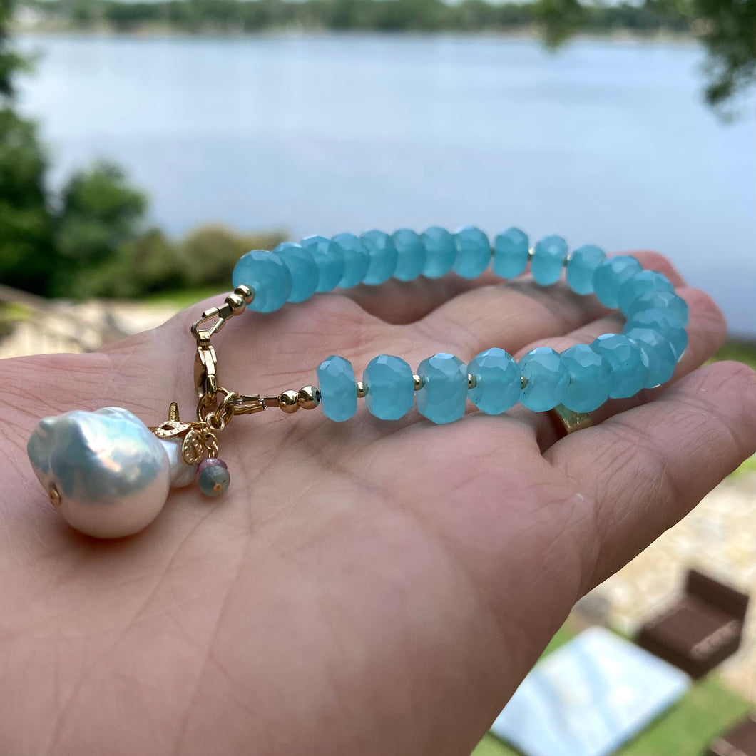 Aqua Blue Chalcedony Bracelet with Starfish and Baroque Pearl Charm, Gold Filled, 7