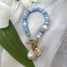 Cargar imagen en el visor de la galería, Blue Opal Toggle Bracelet with Freshwater Baroque Pearls &amp; Moon Charm, Gold Filled and Gold Bronze, 8&quot;
