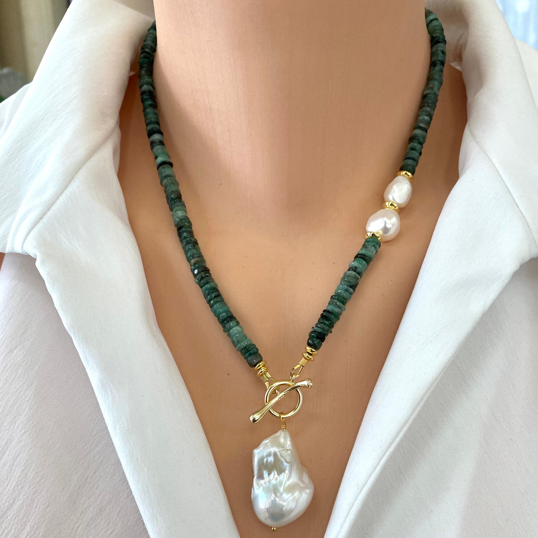 Emerald & Freshwater Baroque Pearls Toggle Necklace, Gold Vermeil, May Birthstone,19