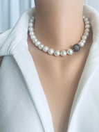 White Round Edison Pearl Necklace, 11–15mm, CZ Pavé Gunmetal Magnetic Clasp, 16