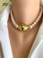 White Potato Pearl Necklace, 9–11mm, Gold Plated Focal Accent, CZ Pavé Magnetic Clasp, 16.5