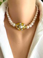Load image into Gallery viewer, White Potato Pearl Necklace, 9–11mm, Gold Plated Focal Accent, CZ Pavé Magnetic Clasp, 16.5"–18.5"
