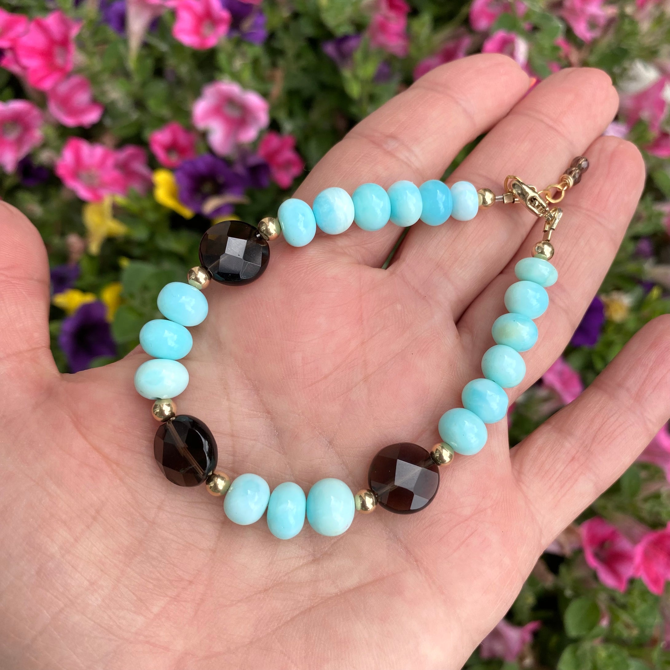 Sky Blue Opal & Smoky Quartz Bracelet, 14k GF