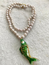 Load image into Gallery viewer, Green Cloisonné Fish Pendant Necklace, 33", Hand Knotted White Baroque Pearls, 9–11mm
