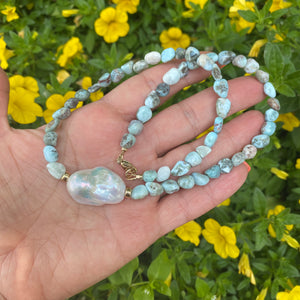 Ocean Blue Larimar and Baroque Pearl Necklace with Gold Filled Beads and Closure,18"in