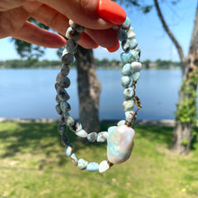 Charger l&#39;image dans la galerie, Ocean Blue Larimar and Baroque Pearl Necklace with Gold Filled Beads and Closure,18&quot;in
