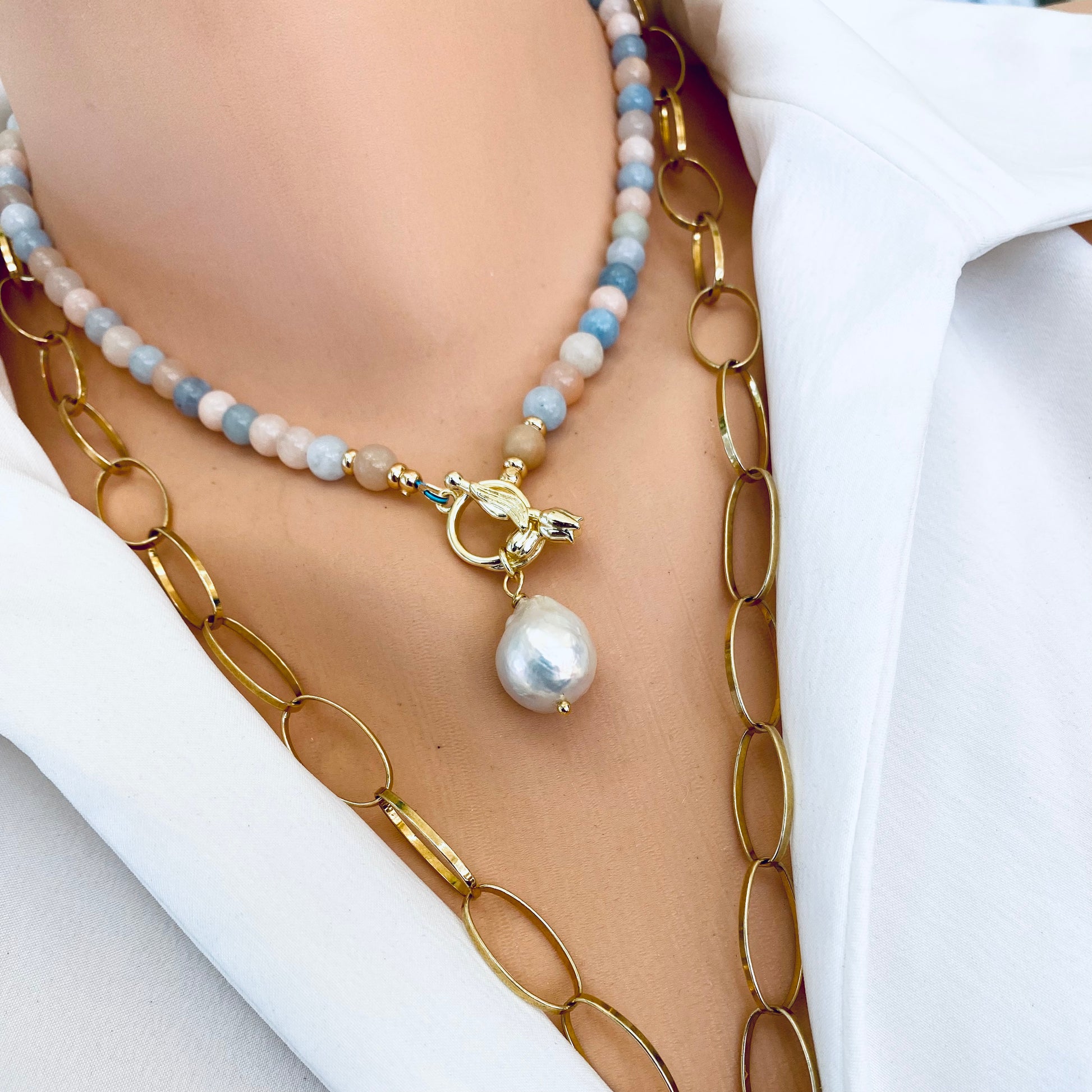 Layered morganite aquamarine pearl necklace with gold toggle clasp, handcrafted in Canada