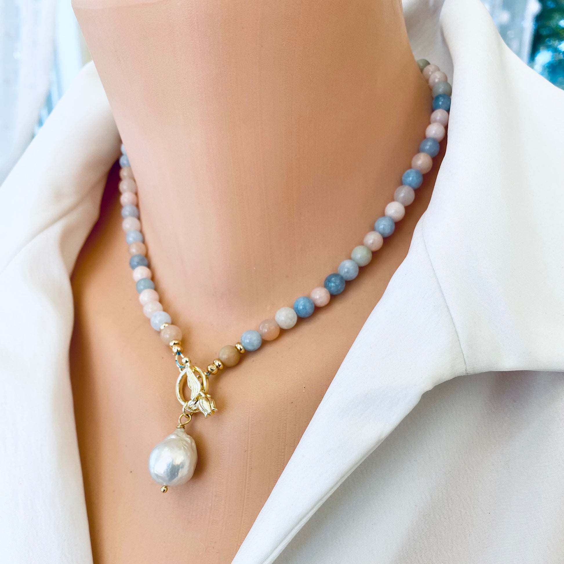Morganite aquamarine pearl necklace worn on neck with gold toggle clasp, handmade in Canada