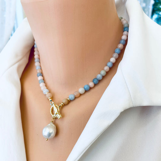 Morganite aquamarine pearl necklace worn on neck with gold toggle clasp, handmade in Canada