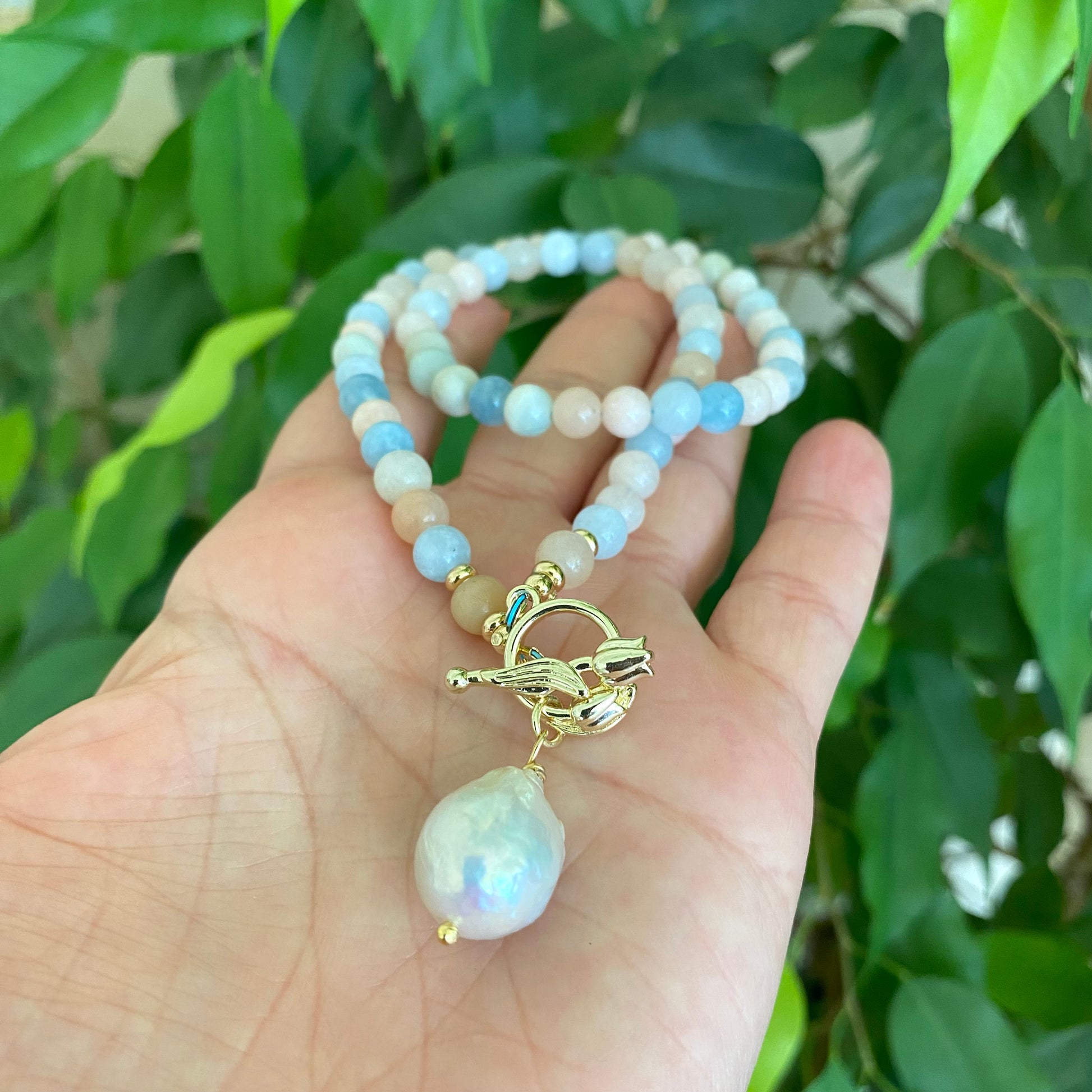 Morganite aquamarine pearl necklace detail with freshwater baroque pearl pendant, handmade in Canada