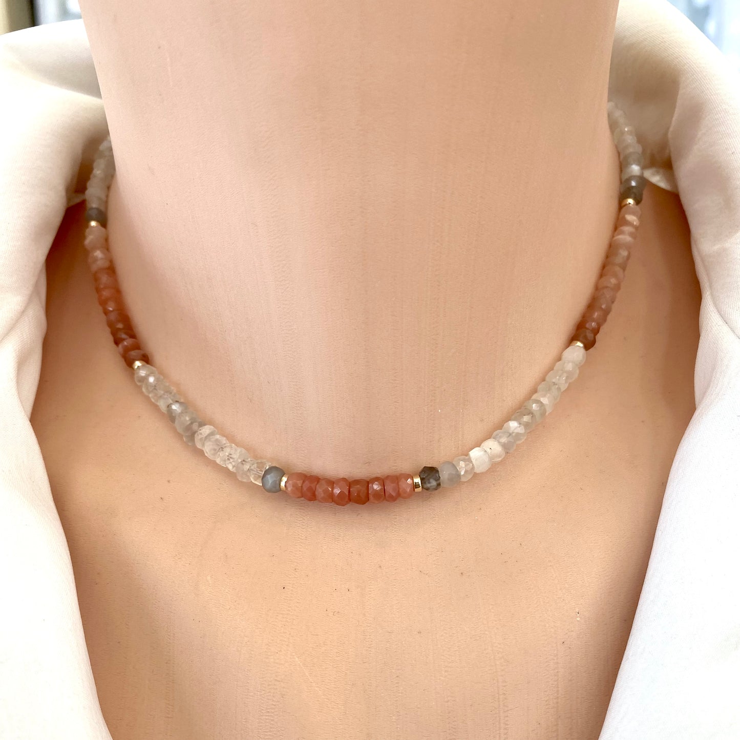 Moonstone choker necklace featuring multi moonstone beads with iridescent sheen and natural gemstone beauty.