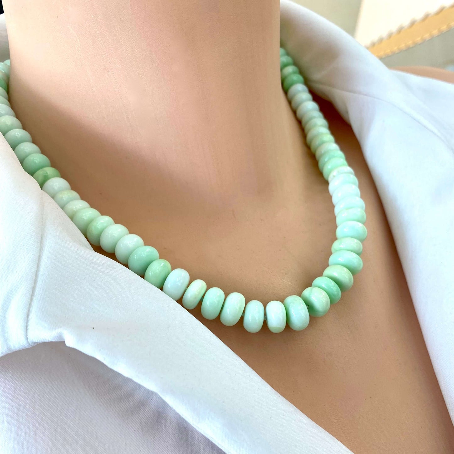 Green opal candy necklace featuring natural rondelle beads in soft shaded tones, perfect for spring and summer styling.