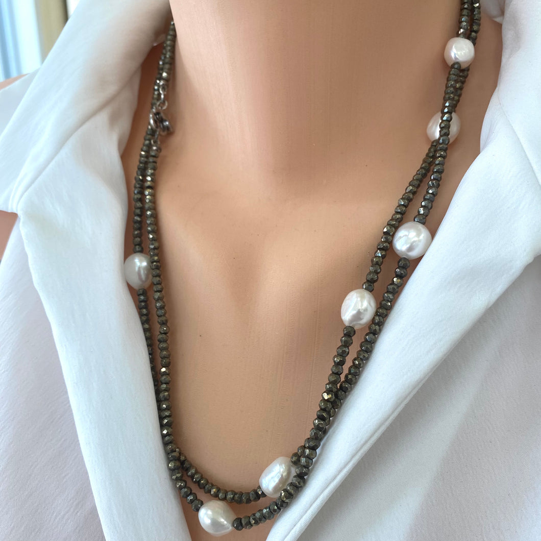 Pyrite & Pearl Long Necklace For Woman