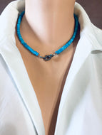 Faceted Turquoise Howlite Necklace, 6mm Heishi Indian Cut Beads, Oxidized Silver Diamond Pavé Clasp with Turquoise, 17.5