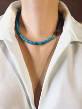 Carica l'immagine nel visualizzatore di Gallery, Faceted Turquoise Howlite Necklace, 6mm Heishi Indian Cut Beads, Oxidized Silver Diamond Pavé Clasp with Turquoise, 17.5"
