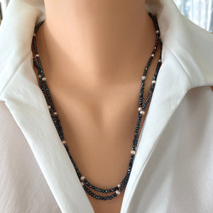 Charcoal Pyrites necklace w Lavender Pink Freshwater Pearls Long Opera Necklace, 46"in