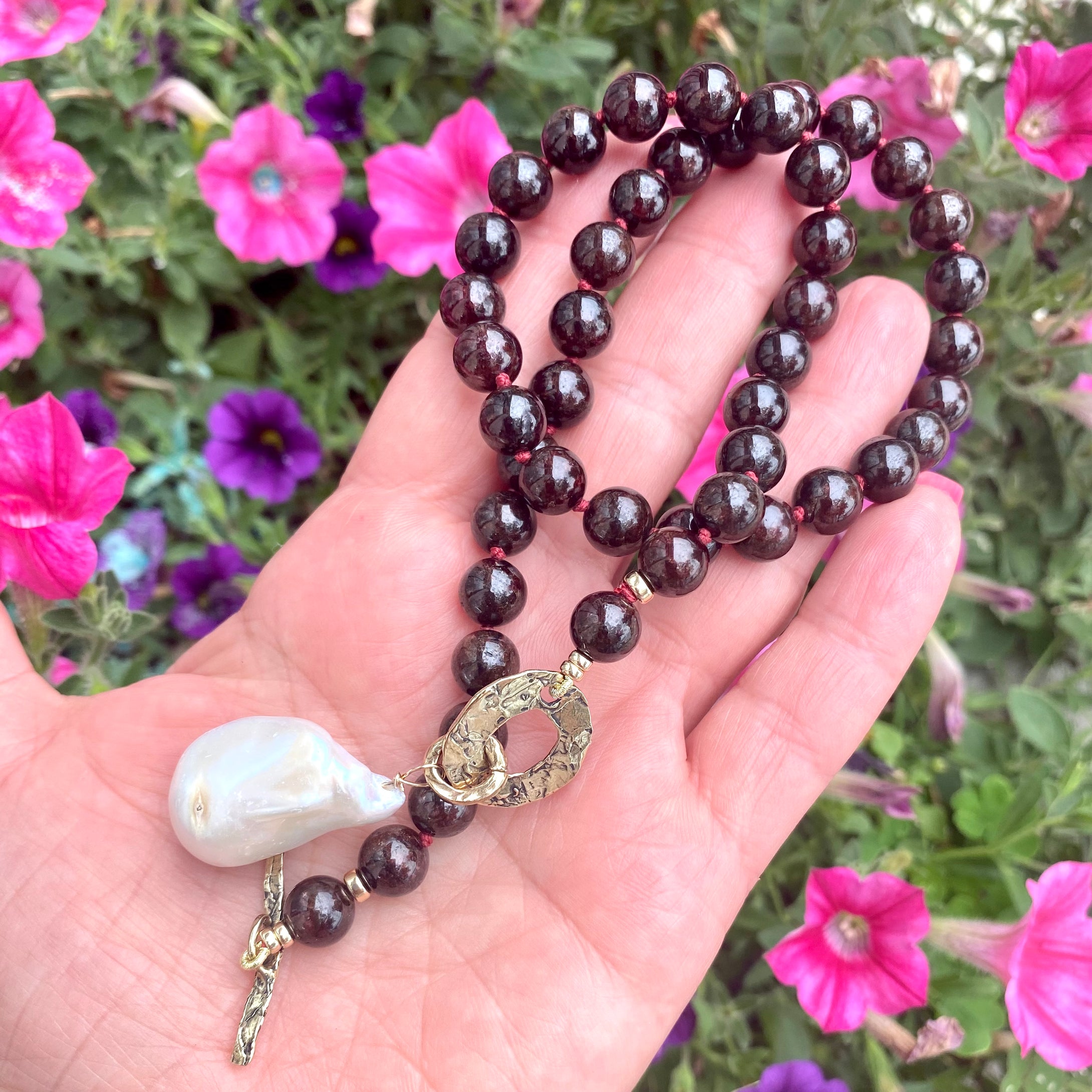 Garnet Toggle Necklace with Baroque Pearl Pendant