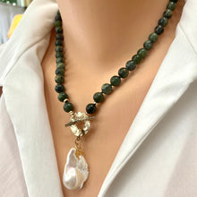 Load image into Gallery viewer, Green Jade and White Baroque Pearl Toggle Necklace, Love Birds Tiny Charm, Gold Filled &amp; Gold Bronze, 18.5&quot;inches
