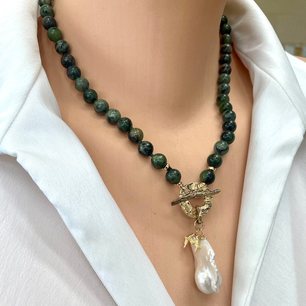 Green Jade and White Baroque Pearl Toggle Necklace, Love Birds Tiny Charm, Gold Filled & Gold Bronze, 18.5
