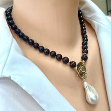 Load image into Gallery viewer, Garnet Toggle Necklace with Baroque Pearl Pendant, Gold Bronze &amp; Gold Filled, January Birthstone, 17.5&quot;in
