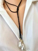 Cargar imagen en el visor de la galería, Single Strand of Black Onyx Beads &amp; Two Baroque Pearl Lariat Wrap Necklace, 46&quot;inches
