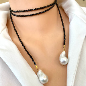 Single Strand of Black Onyx Beads & Two Baroque Pearl Lariat Wrap Necklace, 46"inches