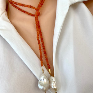 Single Strand Of Bright Orange Carnelian Rondelle Beads & Two Baroque Pearls Lariat Wrap Necklace, Gold Vermeil, 40"
