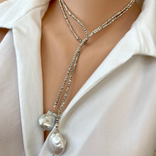 Load image into Gallery viewer, Single Strand of Silver Pyrite and Large Baroque Pearl Lariat Wrap Necklace, 41&quot;inches
