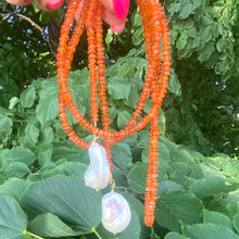 Load image into Gallery viewer, Single Strand Of Bright Orange Carnelian Rondelle Beads &amp; Two Baroque Pearls Lariat Wrap Necklace, Gold Vermeil, 40&quot;
