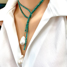 Load image into Gallery viewer, Arizona Turquoise &amp; Two Baroque Pearls Lariat Wrap Necklace, December Birthstone, Gold Plated silver, 37&quot;In
