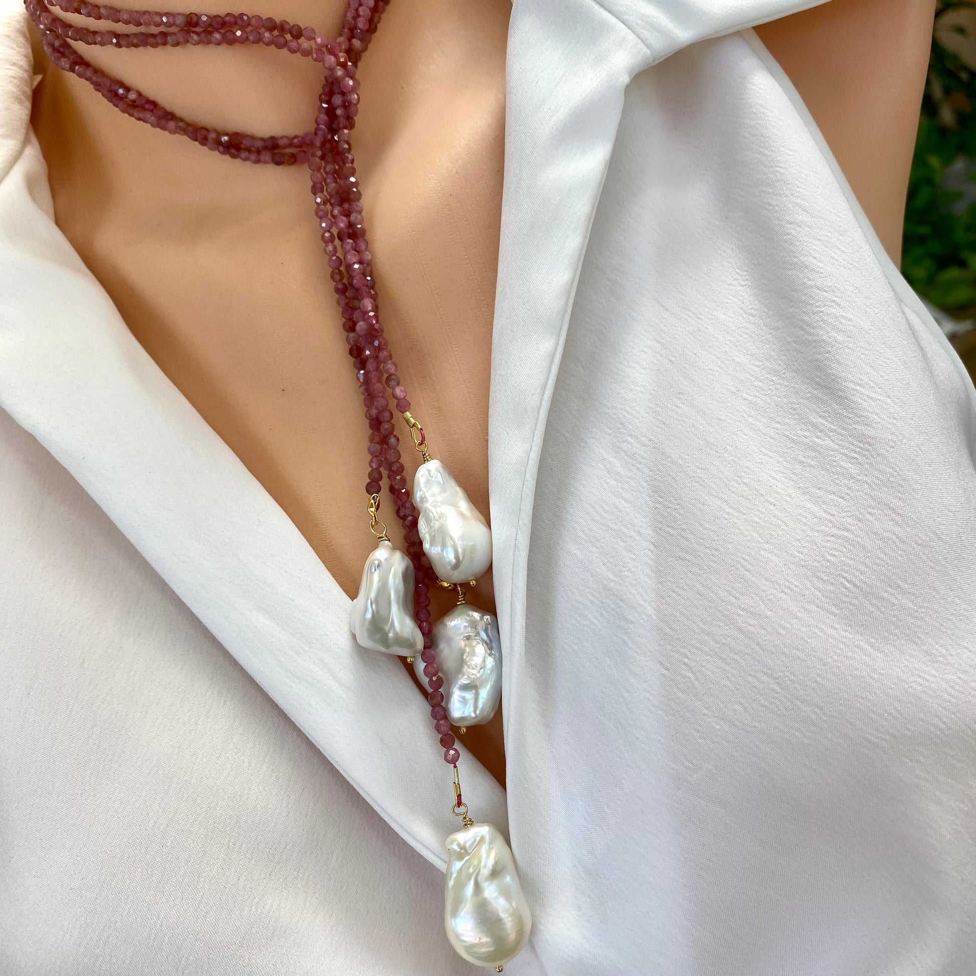 Pink Tourmaline Pearl Lariat Necklace featuring delicate pink tourmaline beads and large baroque pearls.